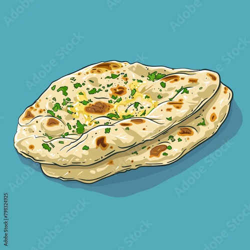 Illustration of a flat bread with parsley on a blue background
