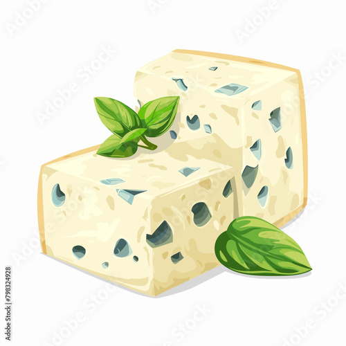 Illustration of a piece of cheese with basil on a white background
