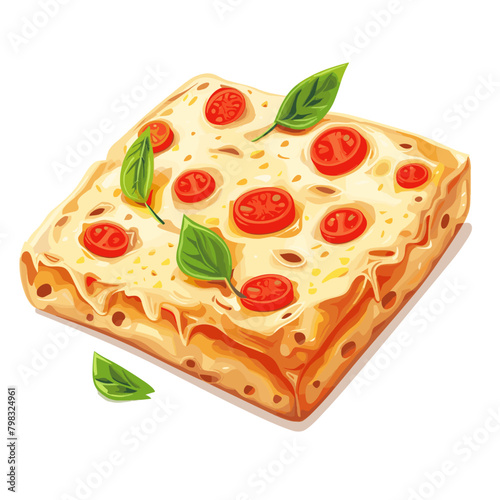 Illustration of a slice of focaccia with tomatoes, mozzarella and basil