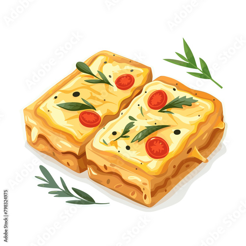 Illustration of three slices of pizza with cheese, tomato and herbs.