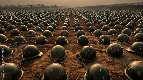  a vast expanse of land covered with rows upon rows of military helmets on football fields, each representing a soldier lost in battle photo