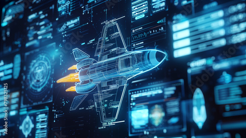  High-tech AI generative projection of a futuristic spacecraft or military air strike design on a glass virtual interface