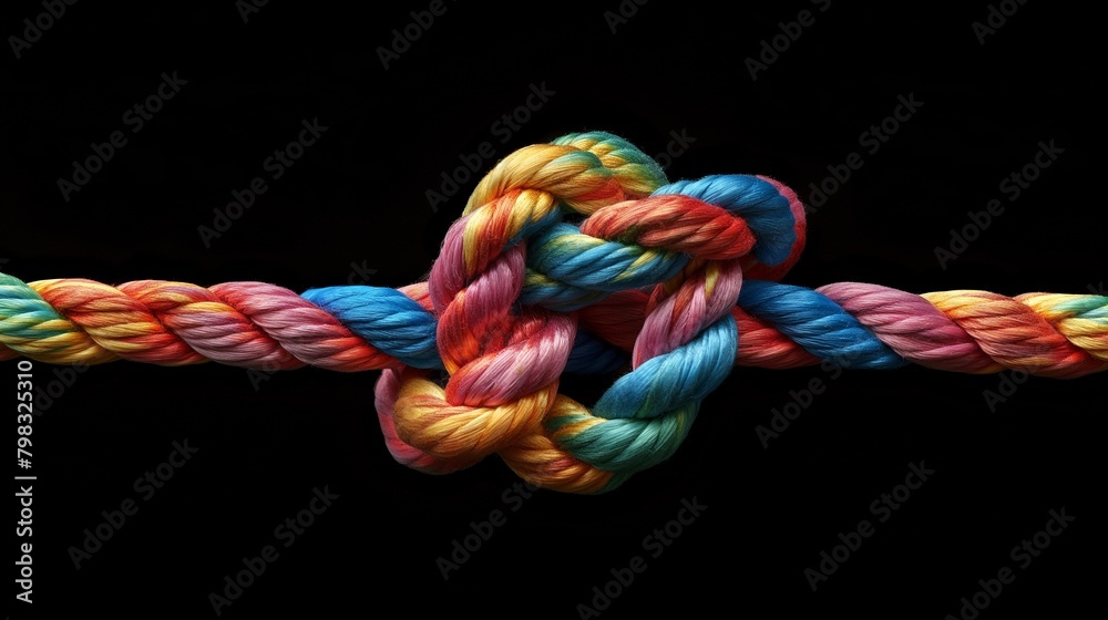 Vivid close-up of colorful rope knots, presenting a lively and textured abstract background Vivid close-up of colorful rope knots, presenting a lively and textured abstract background