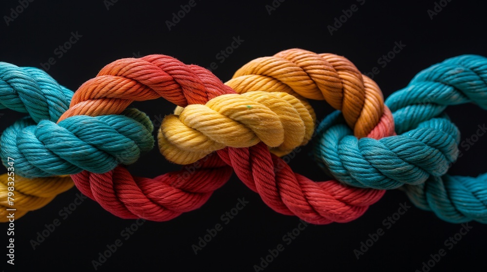 Vivid close-up of colorful rope knots, presenting a lively and textured abstract background Vivid close-up of colorful rope knots, presenting a lively and textured abstract background