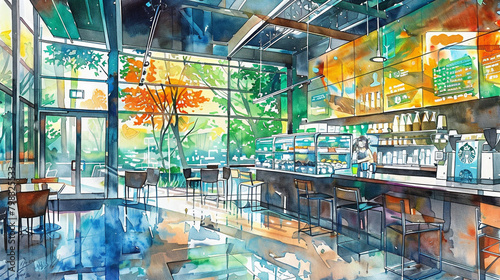 A widescreen image of a Starbucks café located in the heart of Mountain View, featuring a fusion of Silicon Valley's futuristic aesthetic with touches of local flora. The artwork, in pencil and waterc