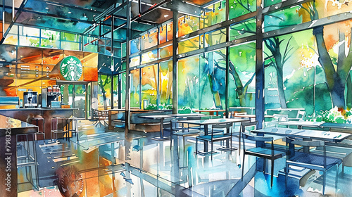 A widescreen image of a Starbucks café located in the heart of Mountain View, featuring a fusion of Silicon Valley's futuristic aesthetic with touches of local flora. The artwork, in pencil and waterc