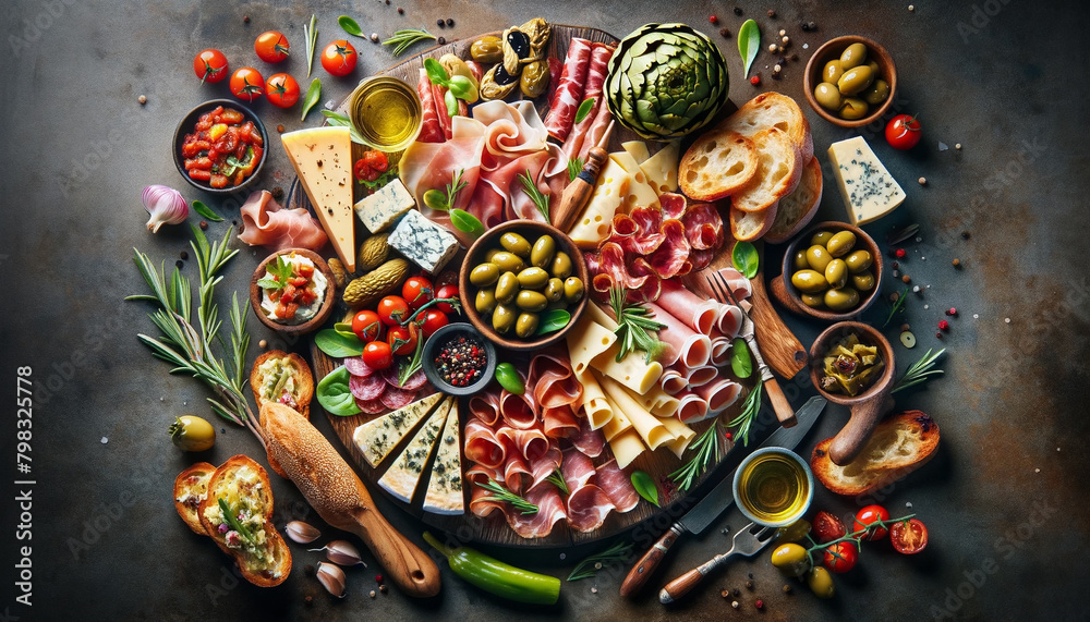 Overhead view of an Italian antipasto platter, featuring cured meats, cheeses, olives, artichokes, bruschetta, and marinated vegetables