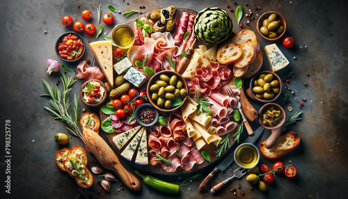 Overhead view of an Italian antipasto platter  featuring cured meats  cheeses  olives  artichokes  bruschetta  and marinated vegetables