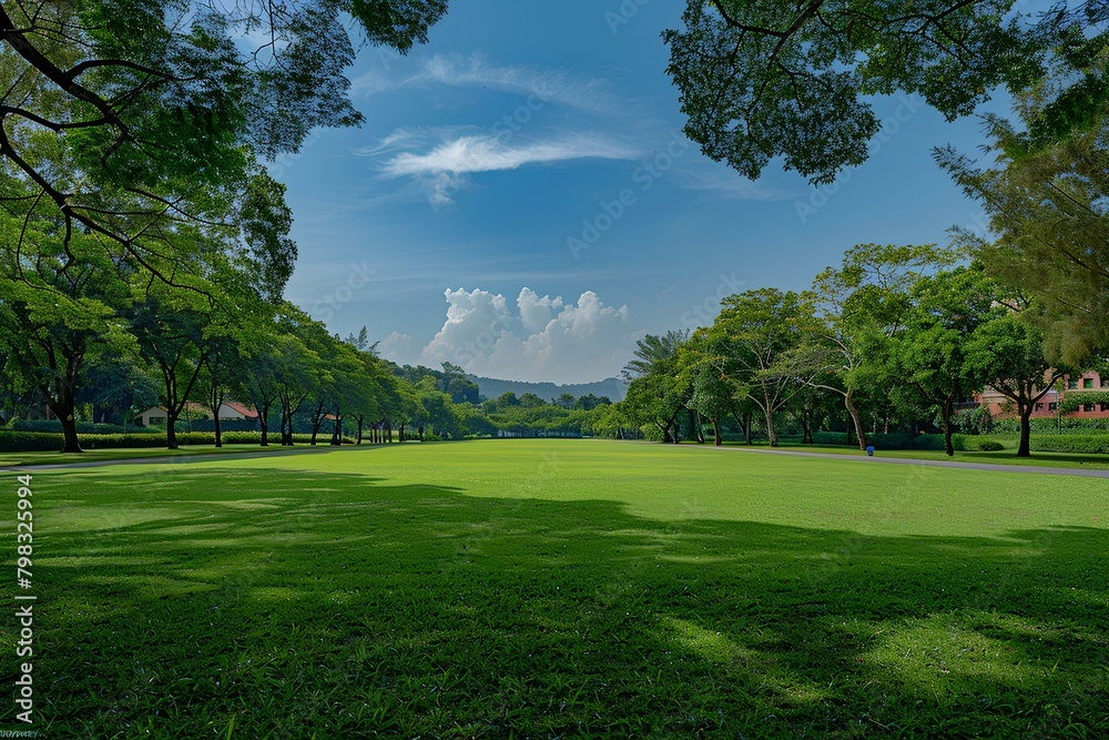Naklejka premium A large grassy field with trees and buildings in the background on a sunny day with blue skies and