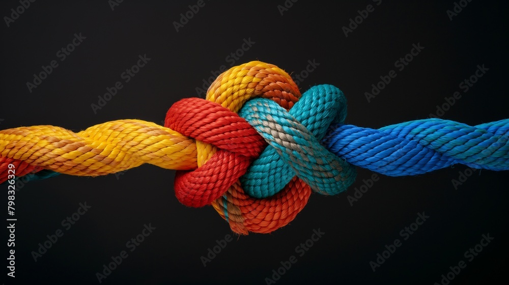Vivid close-up of colorful rope knots, presenting a lively and textured abstract background