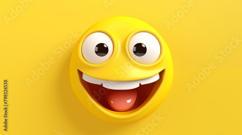 A joyful 3D emoji with a big smile on a yellow background.