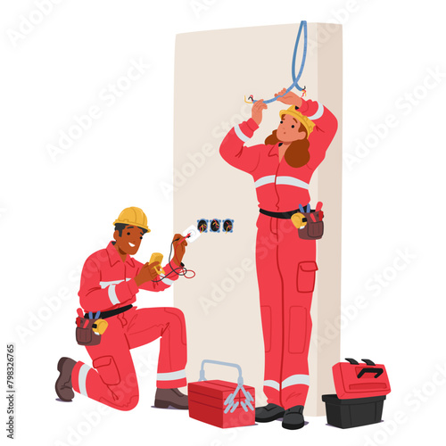 Electrician Characters Repairing And Installing Electrical Wiring System. Workman Fixing Wires And Cables With Tools