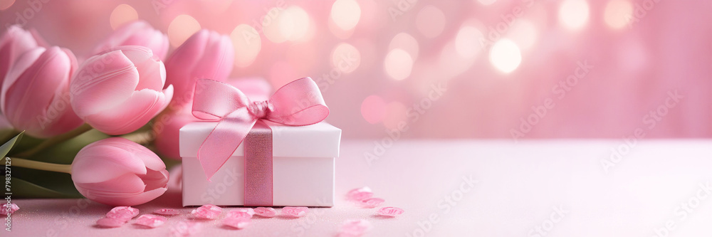 Pink tulips, a gift box, and scattered petals on a soft pink background, ideal for celebrations like Mother’s Day or Valentine’s Day. Pink tulips, a gift box, and scattered petals on a soft pink background, ideal for celebrations like Mother’s Day or Valentine’s Day.