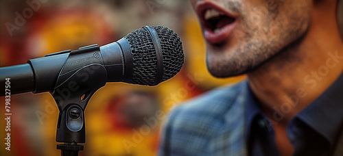 Illustration of a close-up of an urban unshaven man's face and a microphone in a blurred background