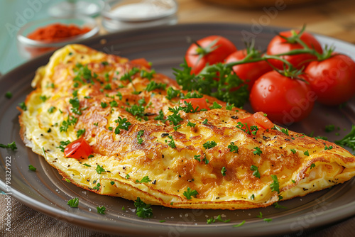 Omelette with tomatoes and herbs for breakfast on plate.