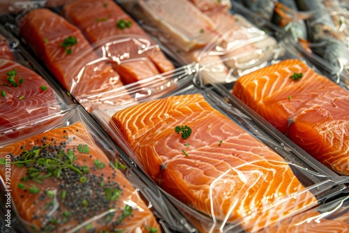 Salmon fillets packaged in a vacuum seal. A cooking method called sous-vide, which uses new