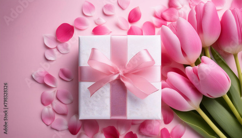 Pink tulips, a gift box, and scattered petals on a soft pink background, celebrations for mother’s day or valentine’s day. Flat lay. © LADALIDI