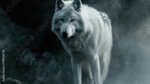 white wolf with smoke, standing in the dark background, with a black and gray color scheme, high contrast, mysterious atmosphere, sharp eyes, smoke swirling around its body