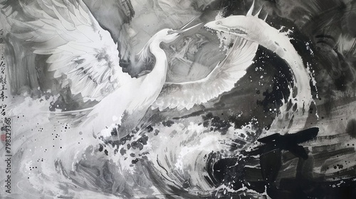 Wonderful scene of egret and big fish fighting for smaller fish, Chinese ink painting,