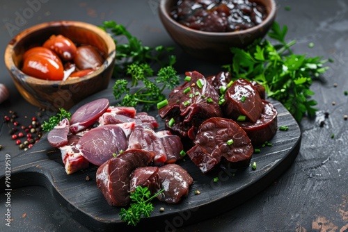 Raw liver offal meat, on black dark stone table background, top view flat lay, with copy space for text photo