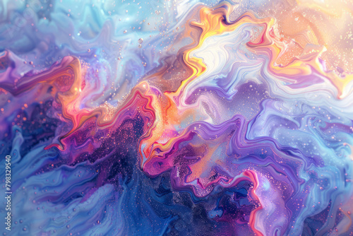Currents of translucent hues  snaking metallic swirls  and foamy sprays of color.