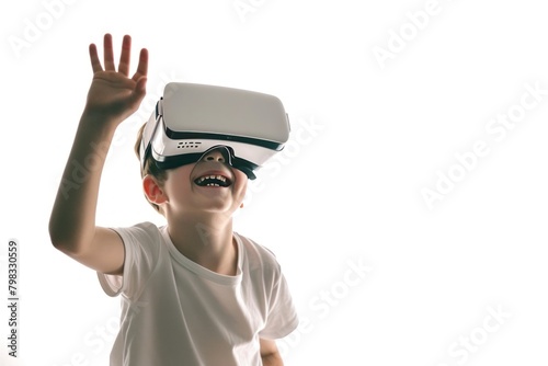 boy in virtual reality headset looking at camera isolated on white with copy space. VR. Virtual reality concept with Copy Space.