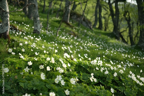 A field of white flowers in the middle of a forest of trees and grass with a few white flowers