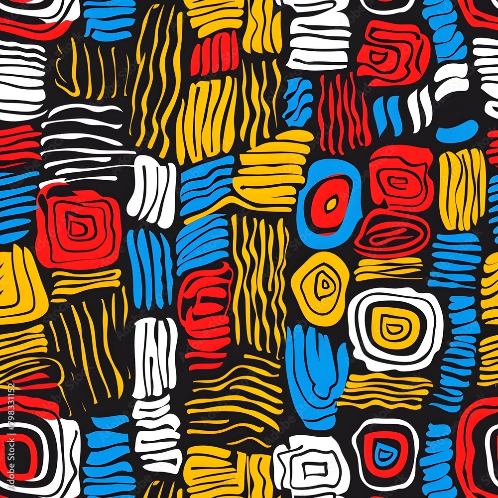 African geo bold seamless pattern in red yellow blue black and white colors