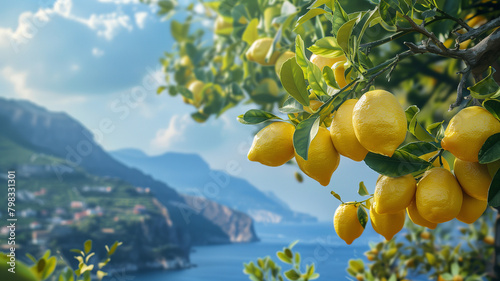 Bright ripe lemons on the tree on the background of the Mediterranean city, sea coast surrounded by green mountains photo