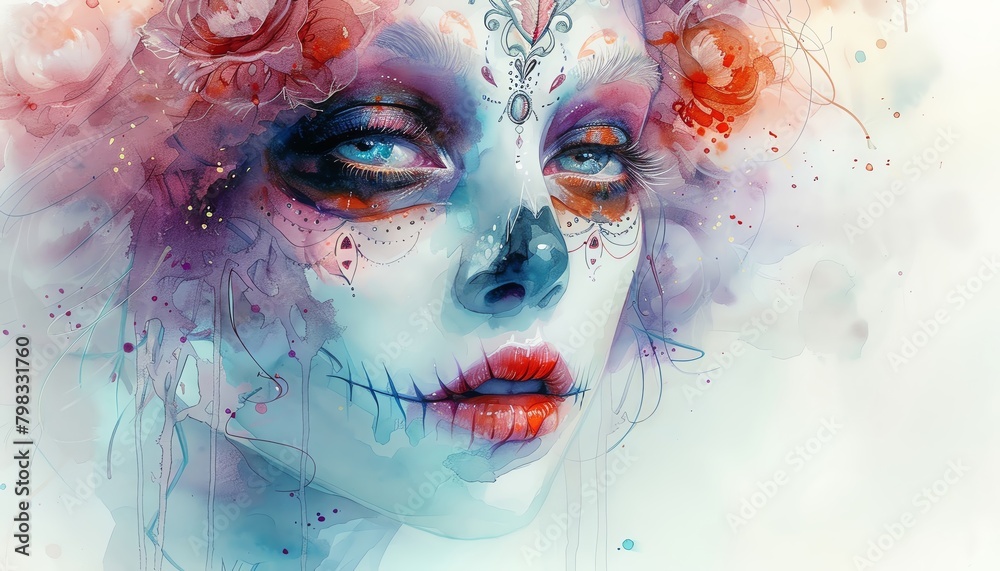 Craft a traditional art piece showcasing a womans serene face, adorned with delicate skull-themed makeup, using watercolor to blend ethereal tones and capture subtle nuances - obrazy, fototapety, plakaty 
