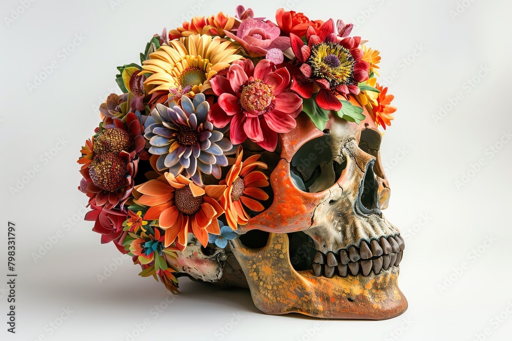 Craft a traditional clay sculpture depicting a skull from a tilted angle, contrasted by a vivid array of lifelike, vibrant flowers