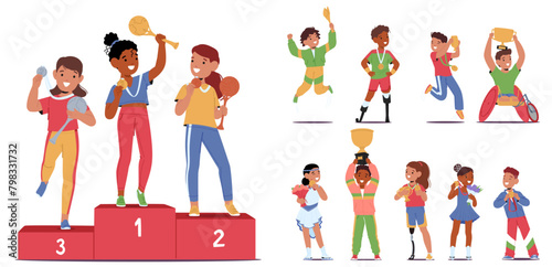 Group Of Happy Children Winners. Healthy and Handicapped Kids On A Podium with Trophies And Medals, Vector