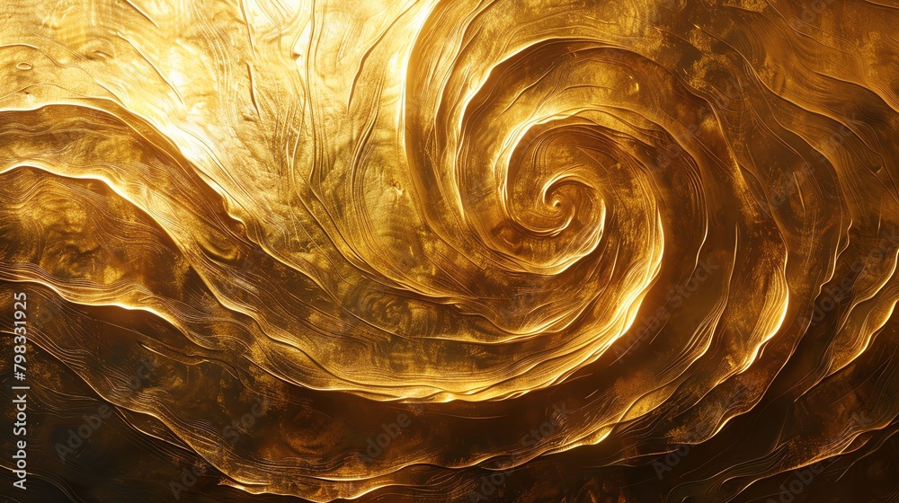 Craft a visually striking Panoramic view Dynamic Flow Wallpaper with swirling lines in shimmering gold shades, using a combination of Traditional Art Medium and Digital Rendering Techniques to achieve - obrazy, fototapety, plakaty 
