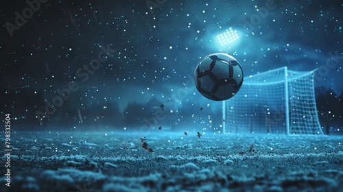 Dramatic scene of a decisive penalty kick in a soccer game, the ball mid-air heading towards the goal under a night sky photo