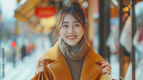 Joyful Asian woman with a bright smile, walking away from a luxury store window, fashionable shopping bags in both hands