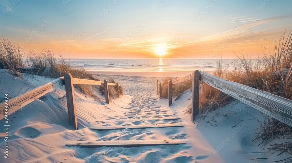 Beautiful sand dune beach at sunset with wooden bridge Beautiful sand dune beach at sunset with wooden bridge