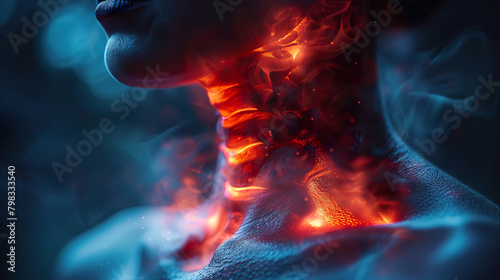 Woman's Neck with Glowing Spine and Fire, Artistic Illustration. Generated by AI