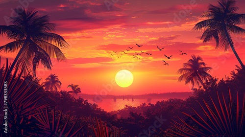 palms tree on golden sunset sky background