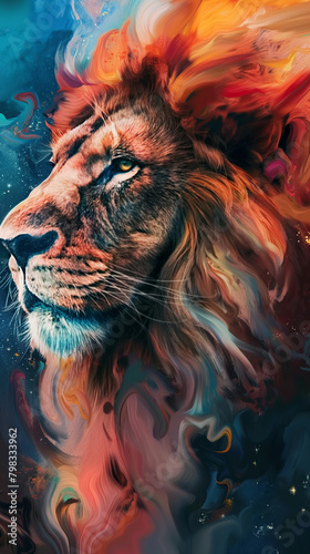 Colorful cosmic lion abstract art