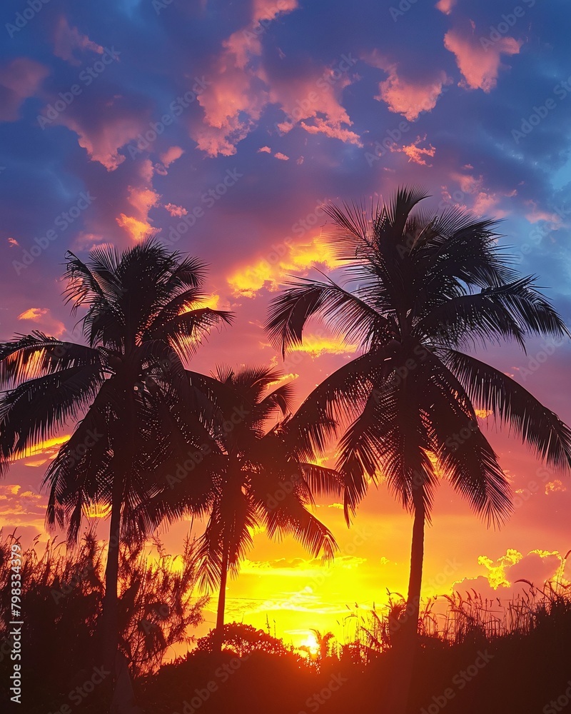 palms tree on pink sunset background - obrazy, fototapety, plakaty 