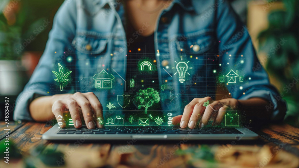 Eco-Strategy Interface: A person in a denim shirt uses a laptop with floating sustainability icons like a plant light bulb, recycling symbol, and a house with a leaf, emphasizing green initiatives.