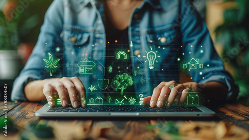 Obraz na płótnie Eco-Strategy Interface: A person in a denim shirt uses a laptop with floating sustainability icons like a plant light bulb, recycling symbol, and a house with a leaf, emphasizing green initiatives. w salonie