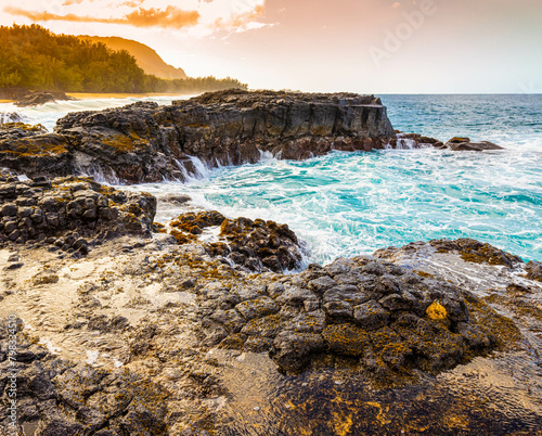 Waves Washing Over Lava Cliffs at Kahalahala Beach, Kauai, Hawaii, USA