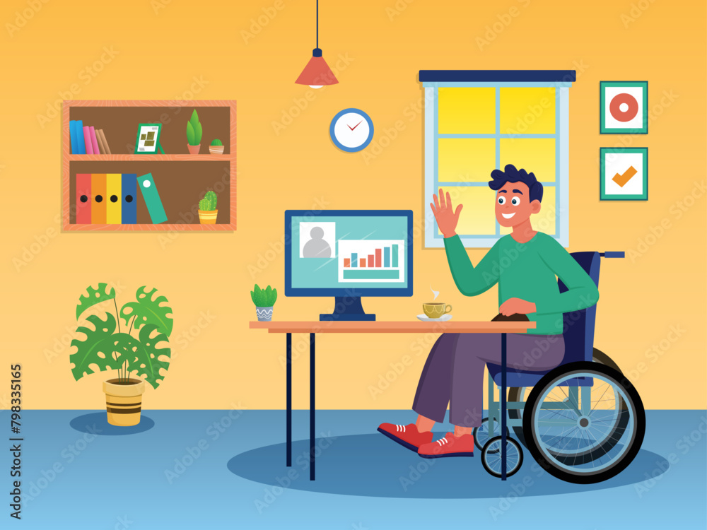 Disabled person sitting in a wheelchair doing business work in home office