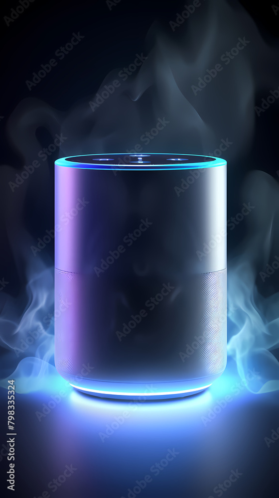 Smart speaker with smoke and glow effects on dark background Smart speaker with smoke and glow effects on dark background