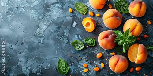 Several whole and halved fresh apricots arranged artistically on a textured blue surface, surrounded by green basil leaves and orange droplets. photo