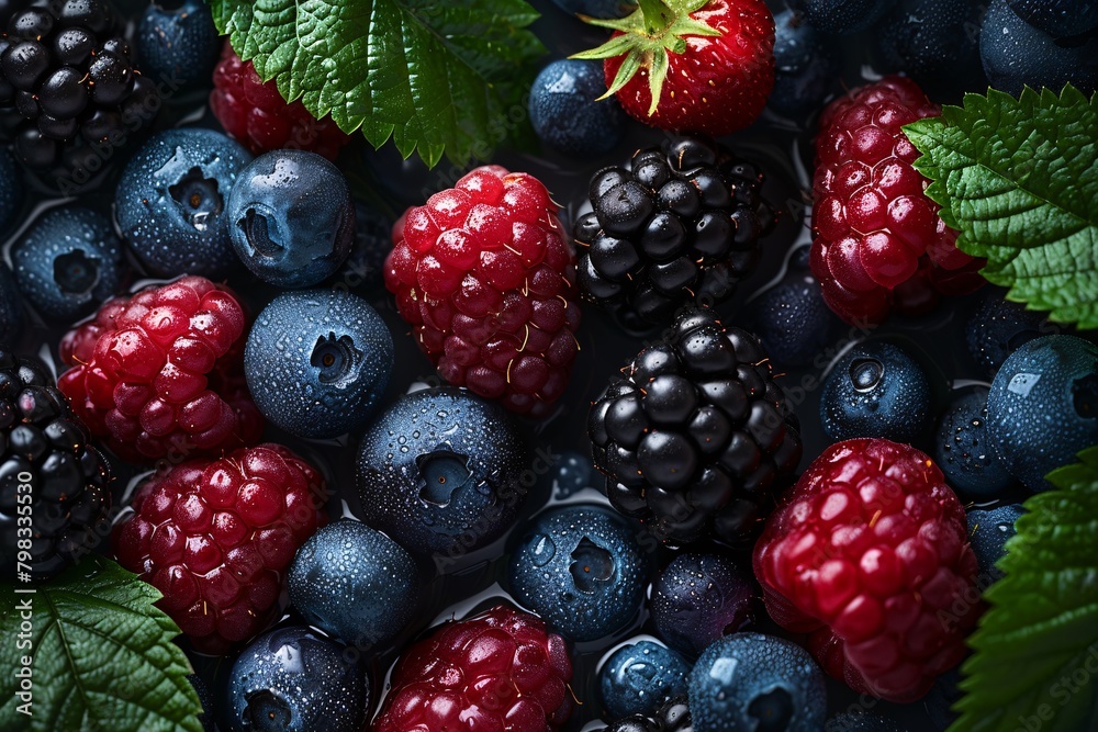 Close-up image of mixed berries with droplets, including blueberries, raspberries, blackberries, and a single strawberry among green leaves. Close-up image of mixed berries with droplets, including blueberries, raspberries, blackberries, and a single strawberry among green leaves.