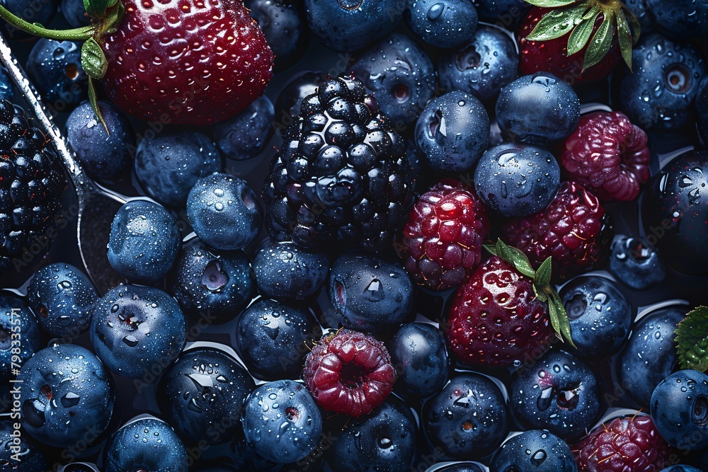 Close-up of various fresh berries covered in water droplets, including strawberries, blueberries, raspberries, and blackberries. Close-up of various fresh berries covered in water droplets, including strawberries, blueberries, raspberries, and blackberries.