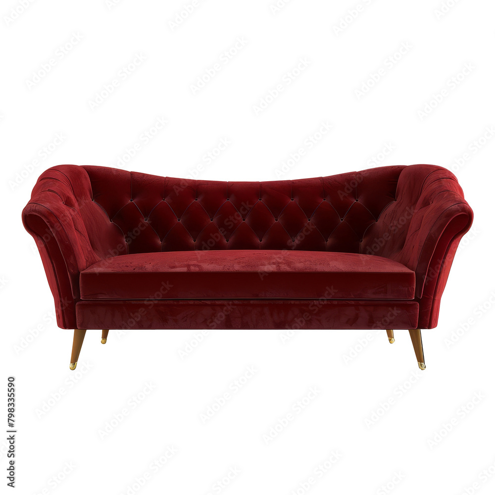 Red velour luxury upholstered sofa with rivets on transparent background 