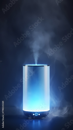 Smart speaker with smoke and glow effects on dark background